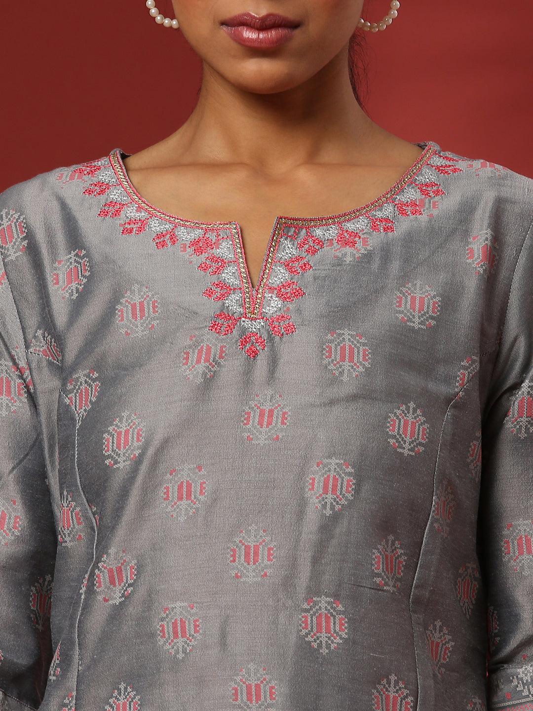 A-Line printed kurta with emnbroidered neckline- grey