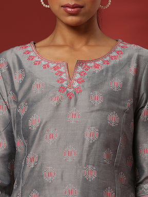 A-Line printed kurta with emnbroidered neckline- grey