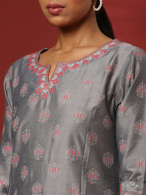 A-Line printed kurta with emnbroidered neckline- grey