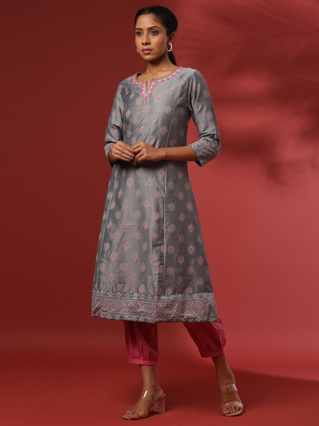 A-Line printed kurta with emnbroidered neckline- grey