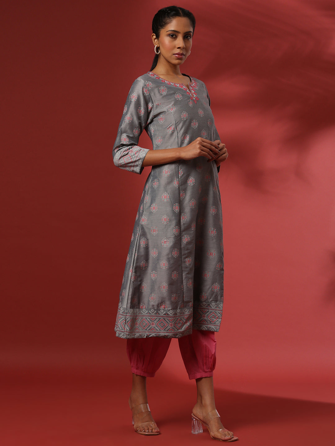 A-Line printed kurta with emnbroidered neckline- grey