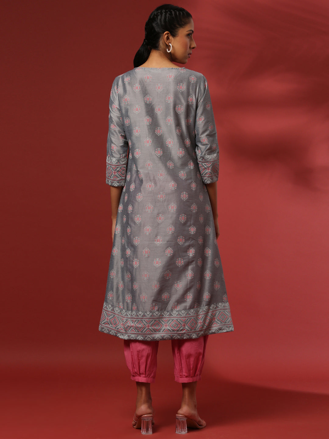 A-Line printed kurta with emnbroidered neckline- grey