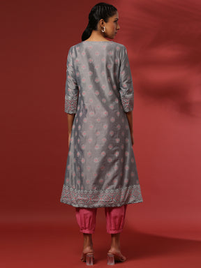 A-Line printed kurta with emnbroidered neckline- grey