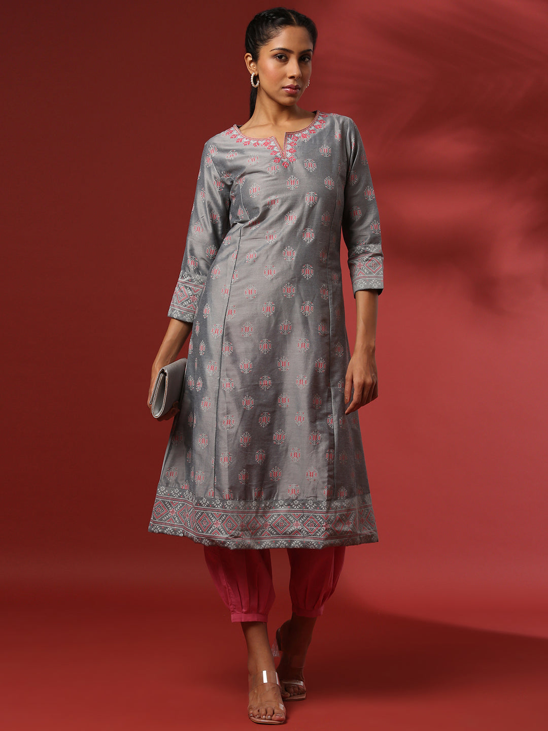 A-Line printed kurta with emnbroidered neckline- grey