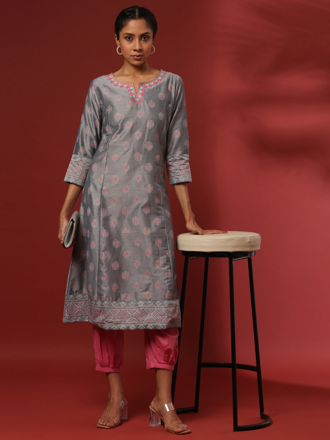 A-Line printed kurta with emnbroidered neckline- grey