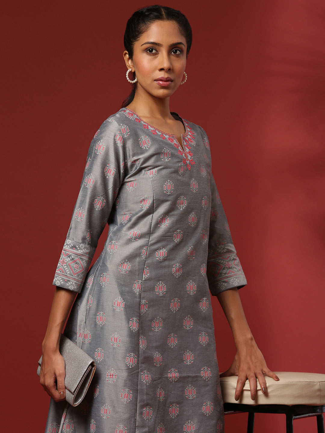 A-Line printed kurta with emnbroidered neckline- grey