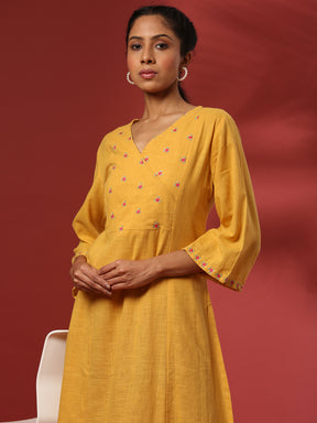 Straight yoke cut embroidered kurta- mustard