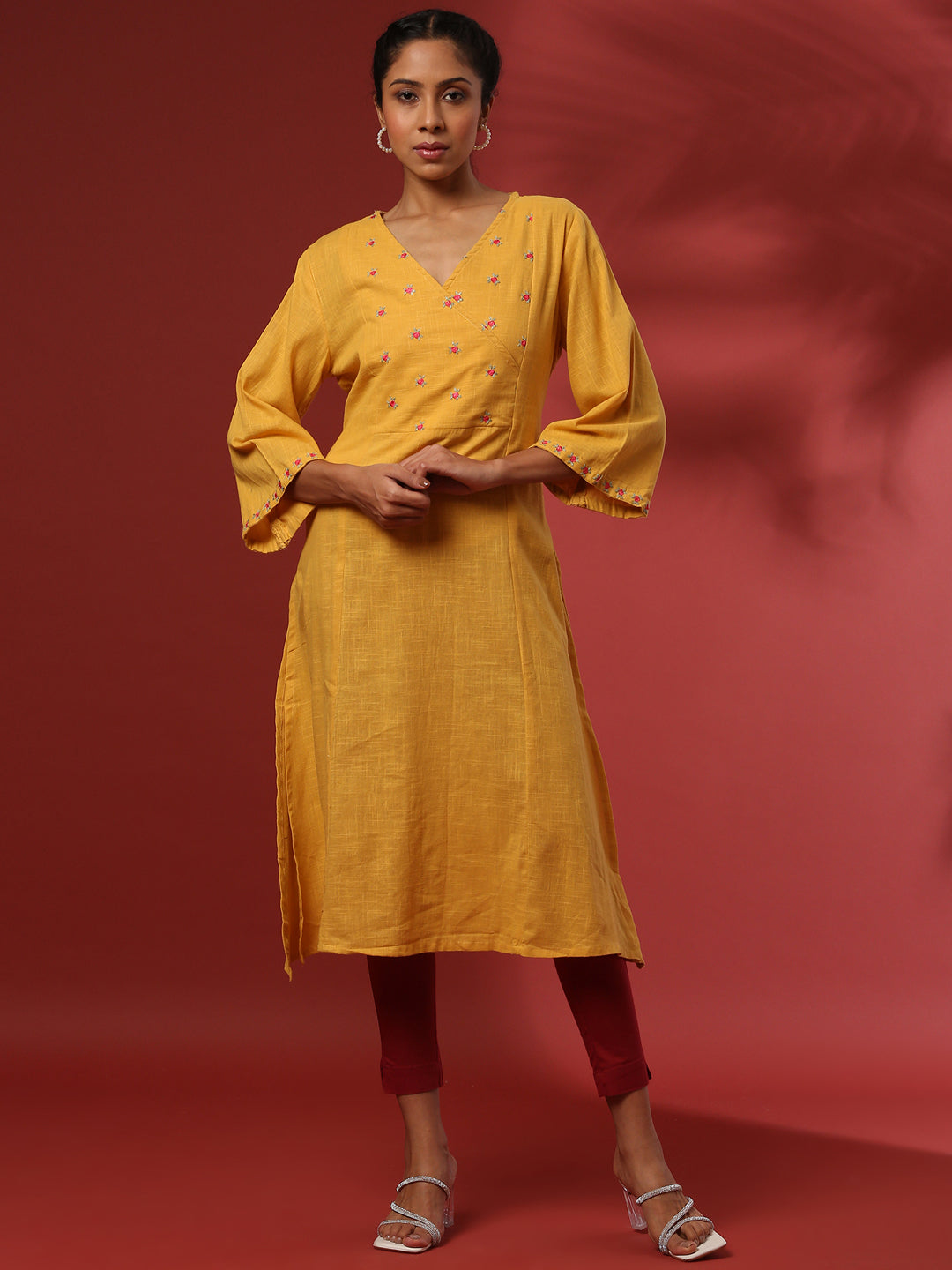 Straight yoke cut embroidered kurta- mustard