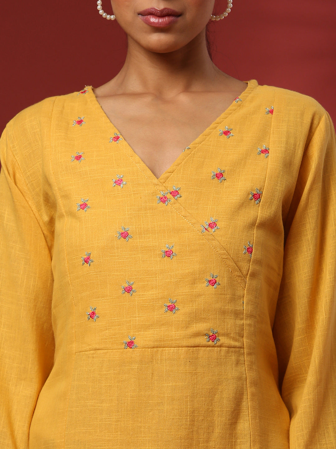 Straight yoke cut embroidered kurta- mustard