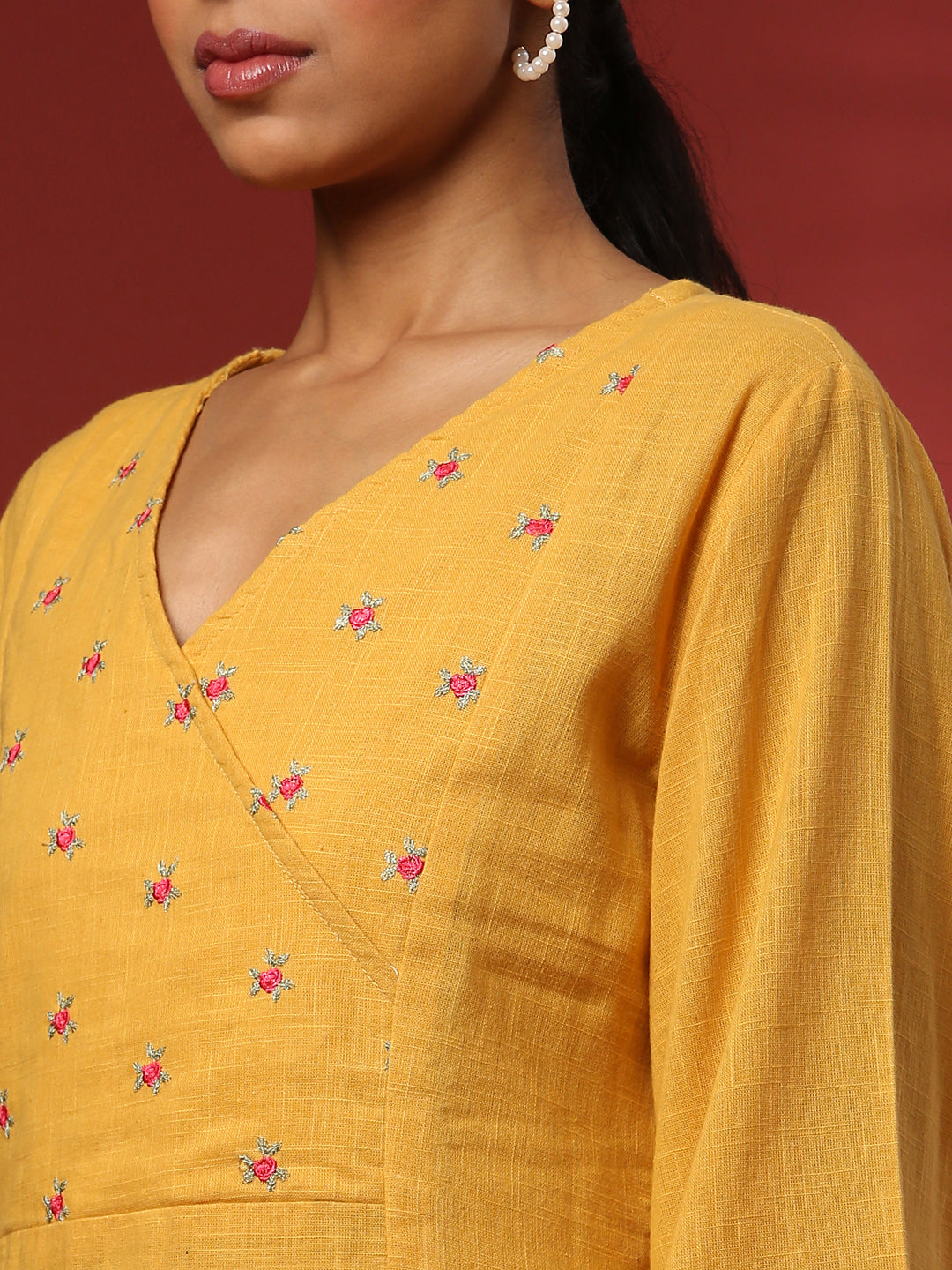 Straight yoke cut embroidered kurta- mustard