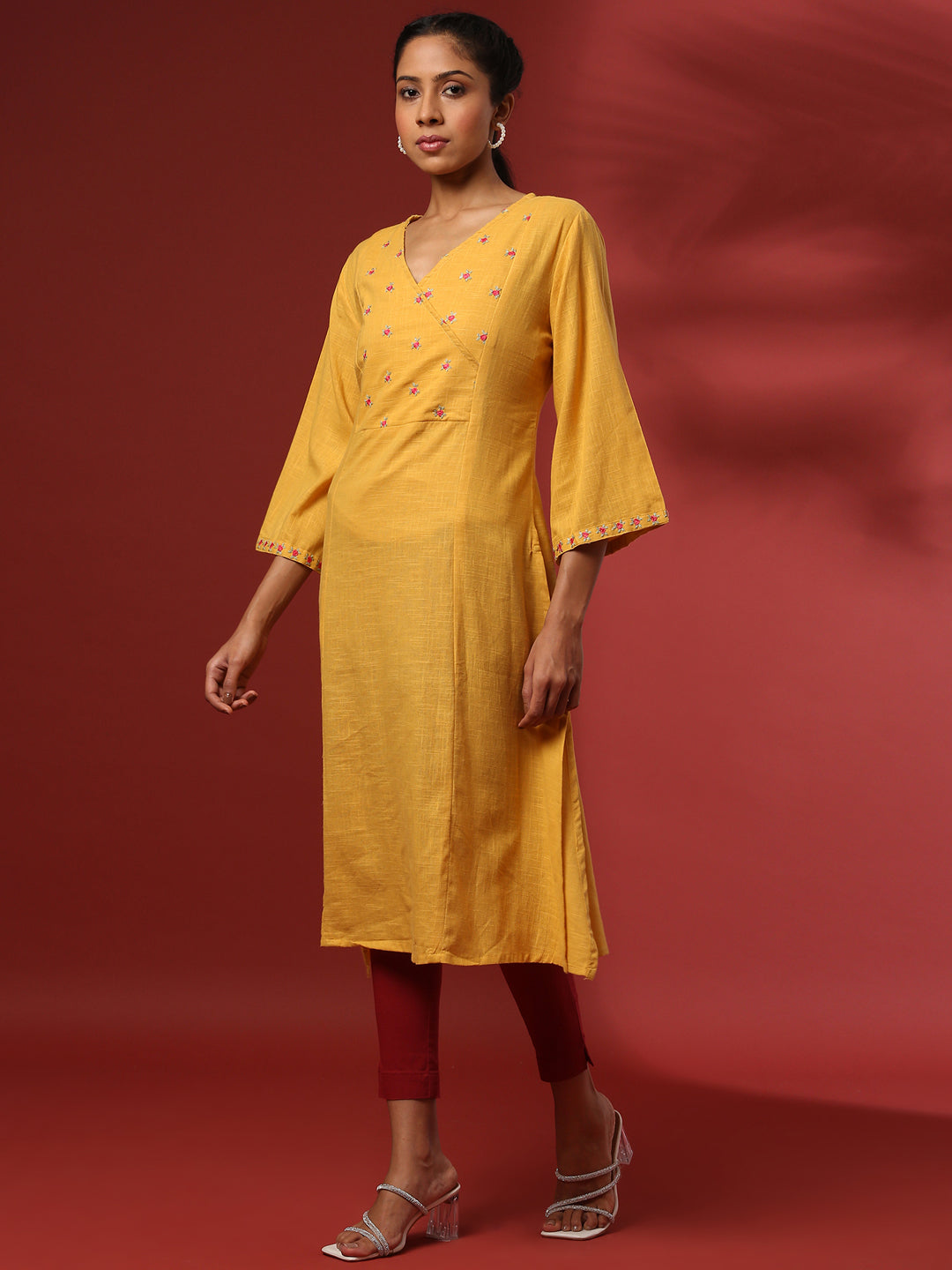 Straight yoke cut embroidered kurta- mustard