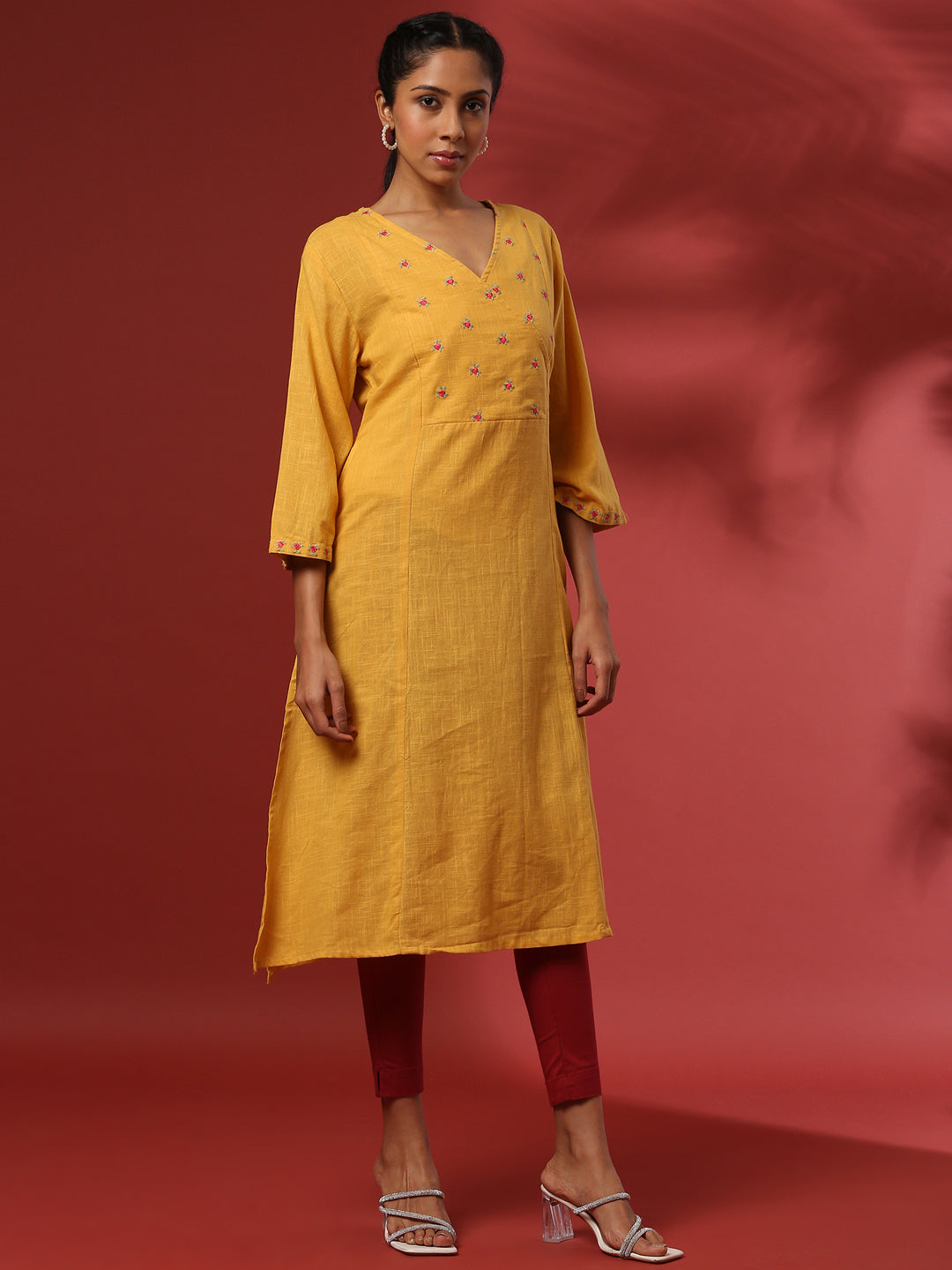 Straight yoke cut embroidered kurta- mustard