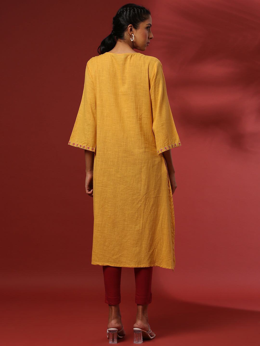 Straight yoke cut embroidered kurta- mustard