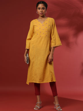 Straight yoke cut embroidered kurta- mustard