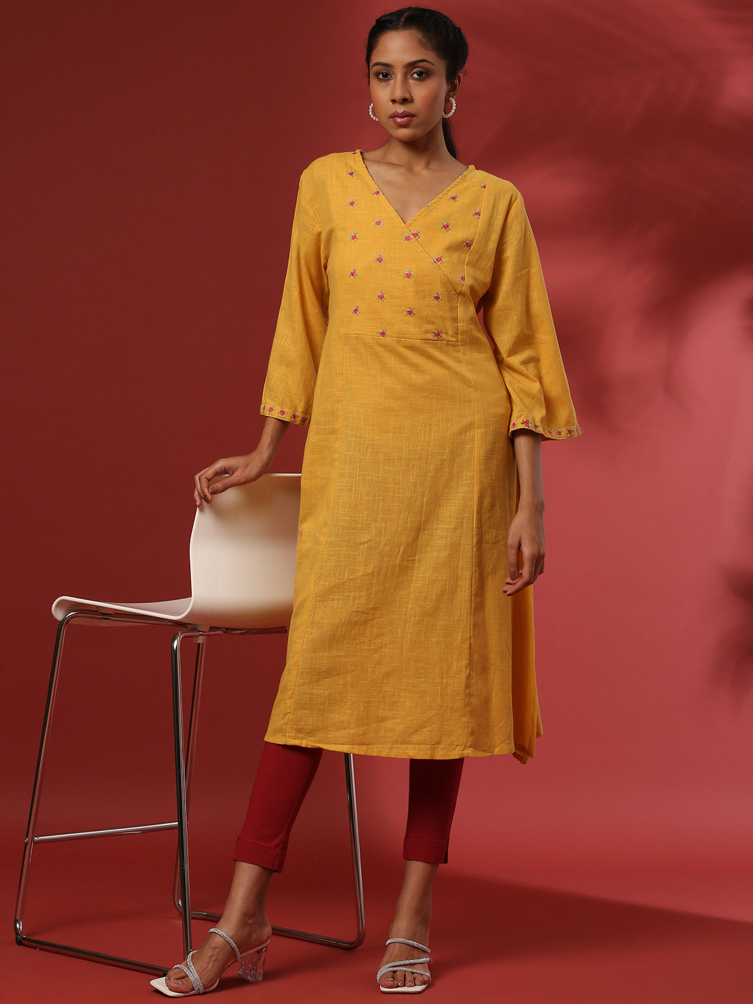 Straight yoke cut embroidered kurta- mustard