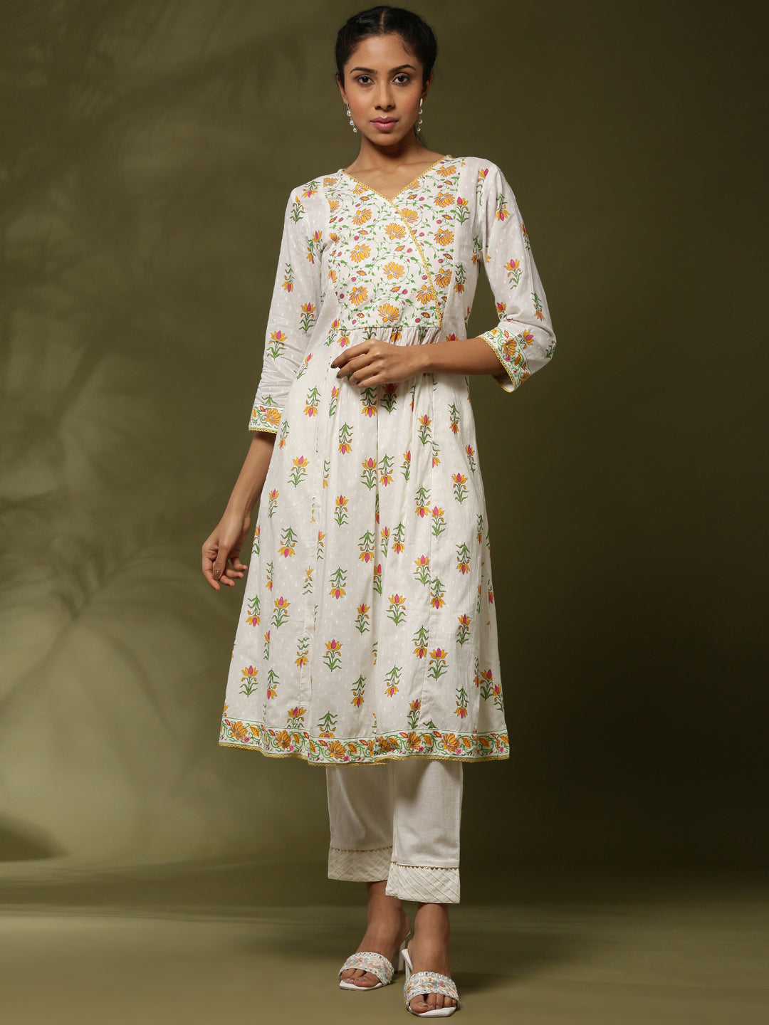 Floral printed kurta set-offwhite