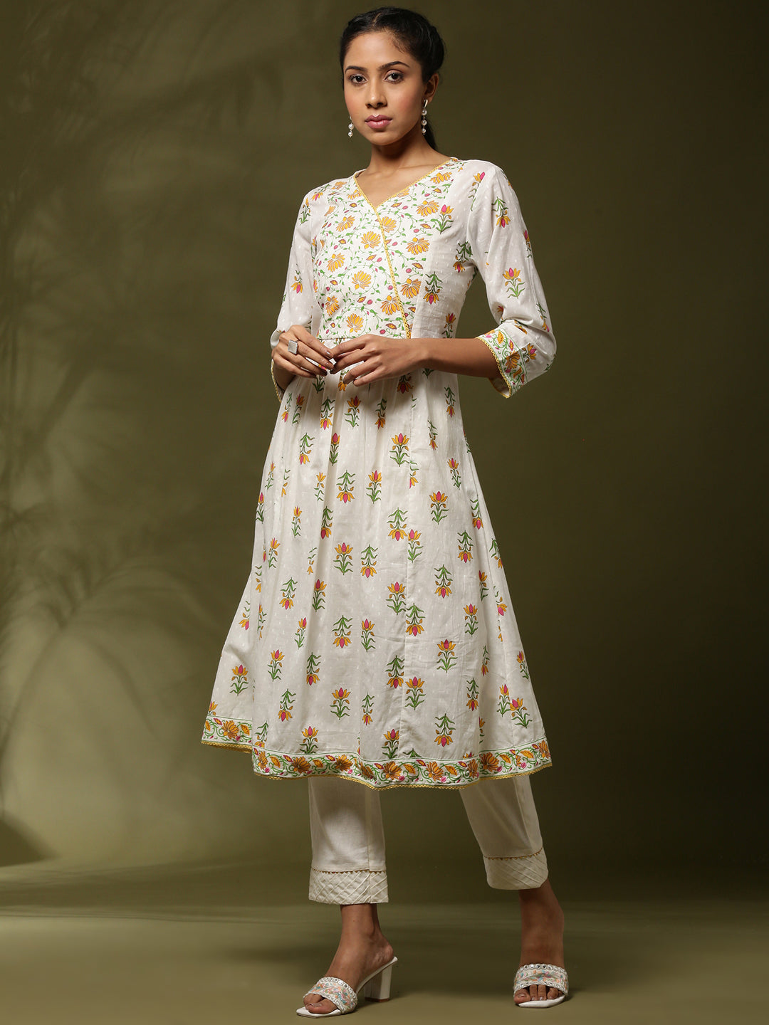 Floral printed kurta set-offwhite