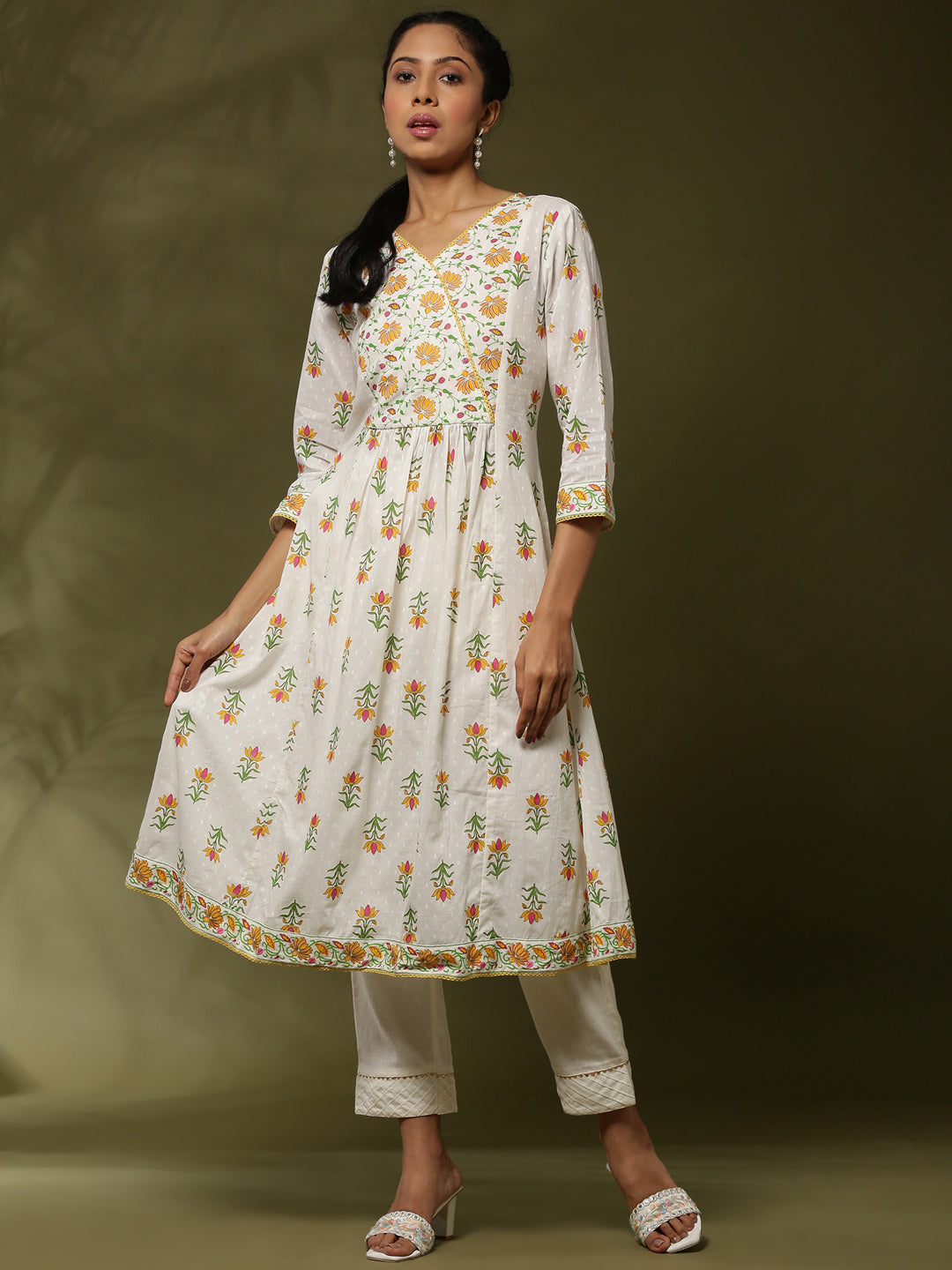 Floral printed kurta set-offwhite