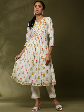 Floral printed kurta set-offwhite