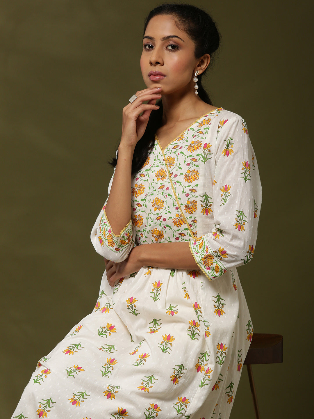 Floral printed kurta set-offwhite