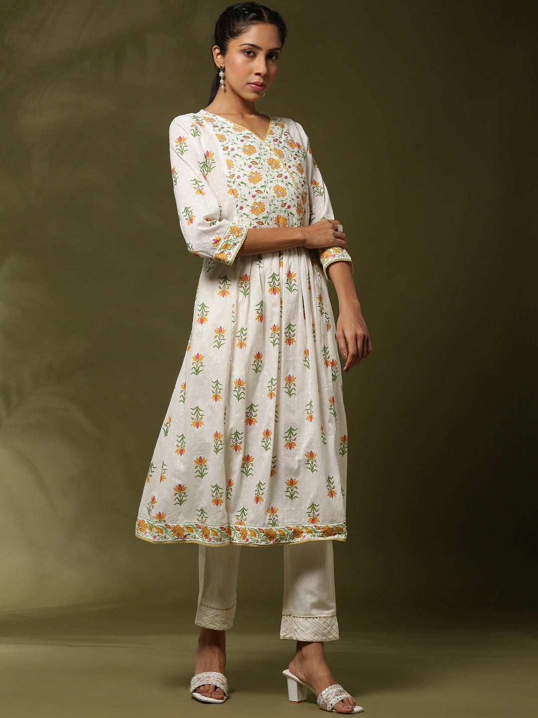 Floral printed kurta set-offwhite