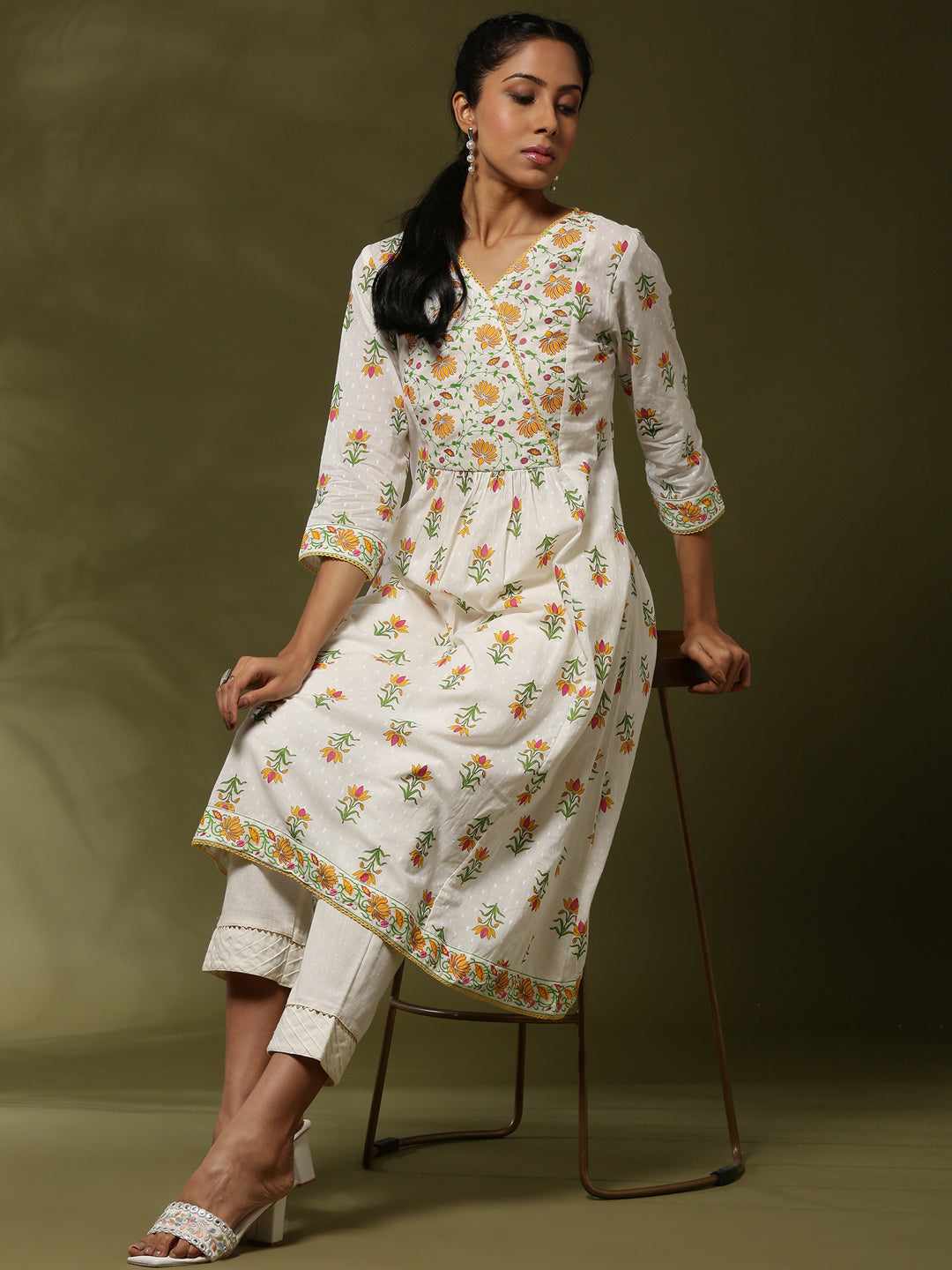 Floral printed kurta set-offwhite