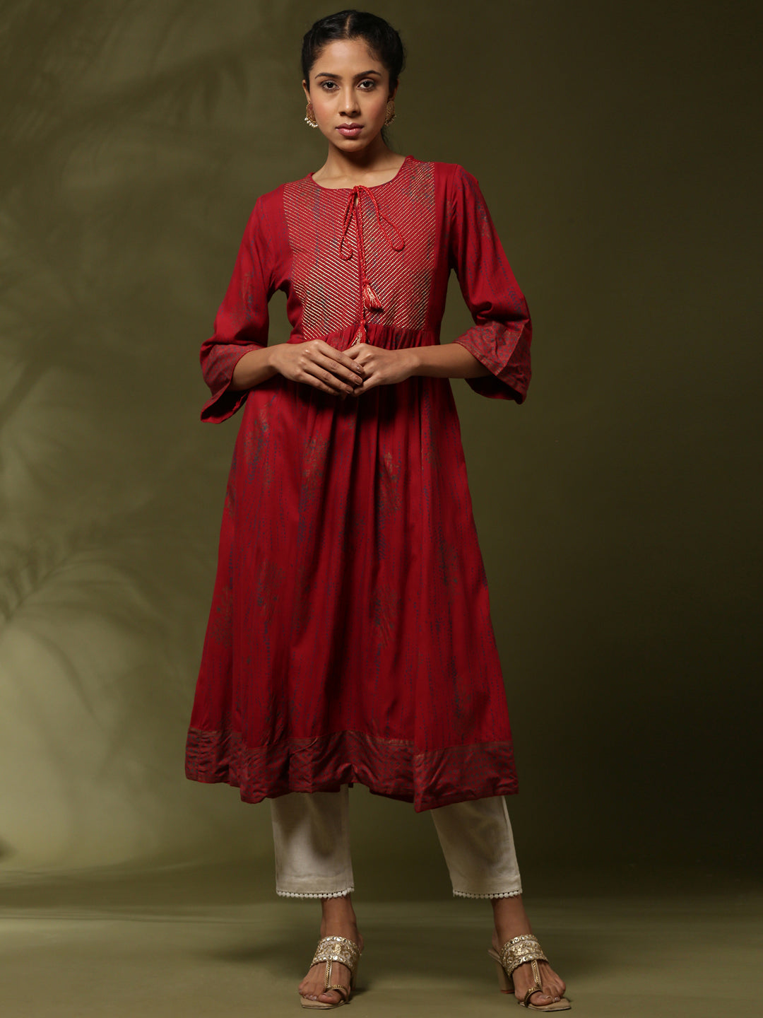 Printed flare dress with zari yoke embroidery-red