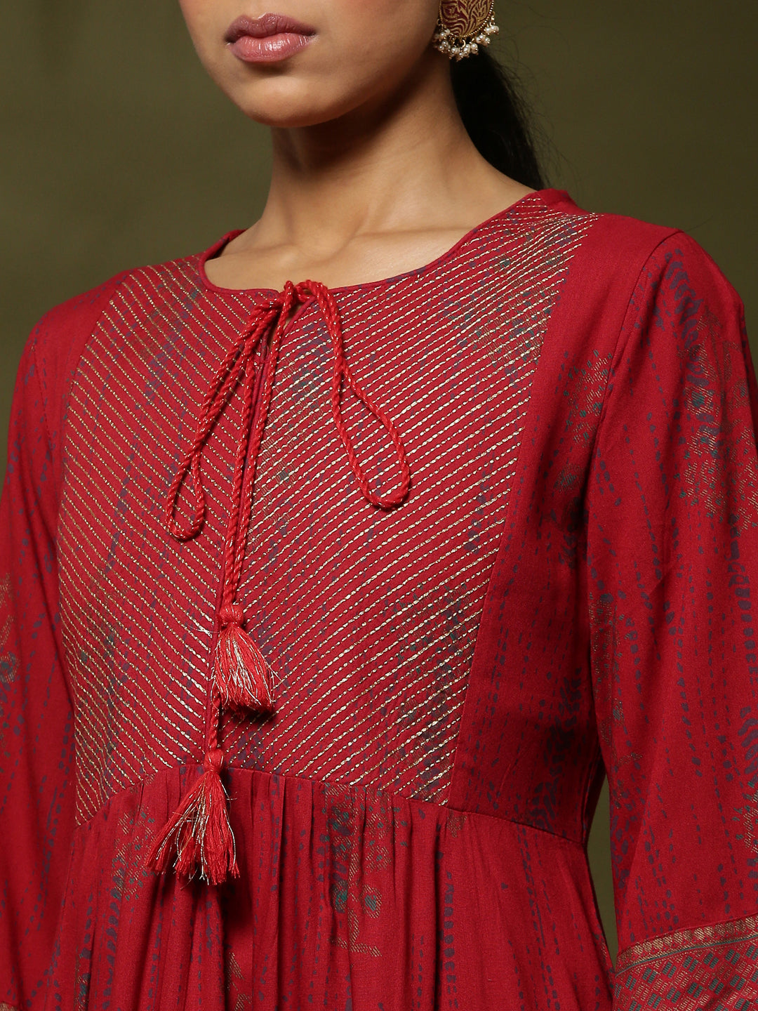 Printed flare dress with zari yoke embroidery-red