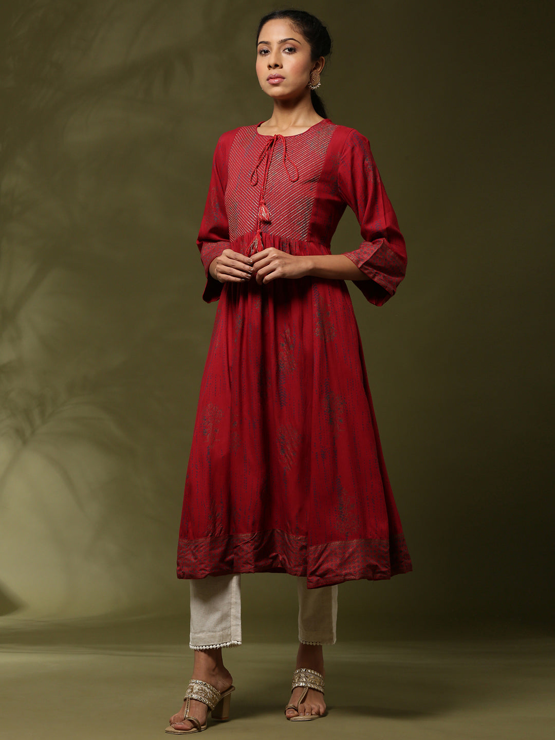 Printed flare dress with zari yoke embroidery-red