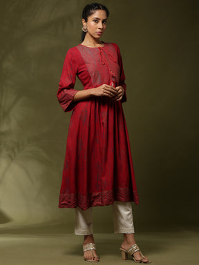 Printed flare dress with zari yoke embroidery-red