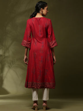 Printed flare dress with zari yoke embroidery-red