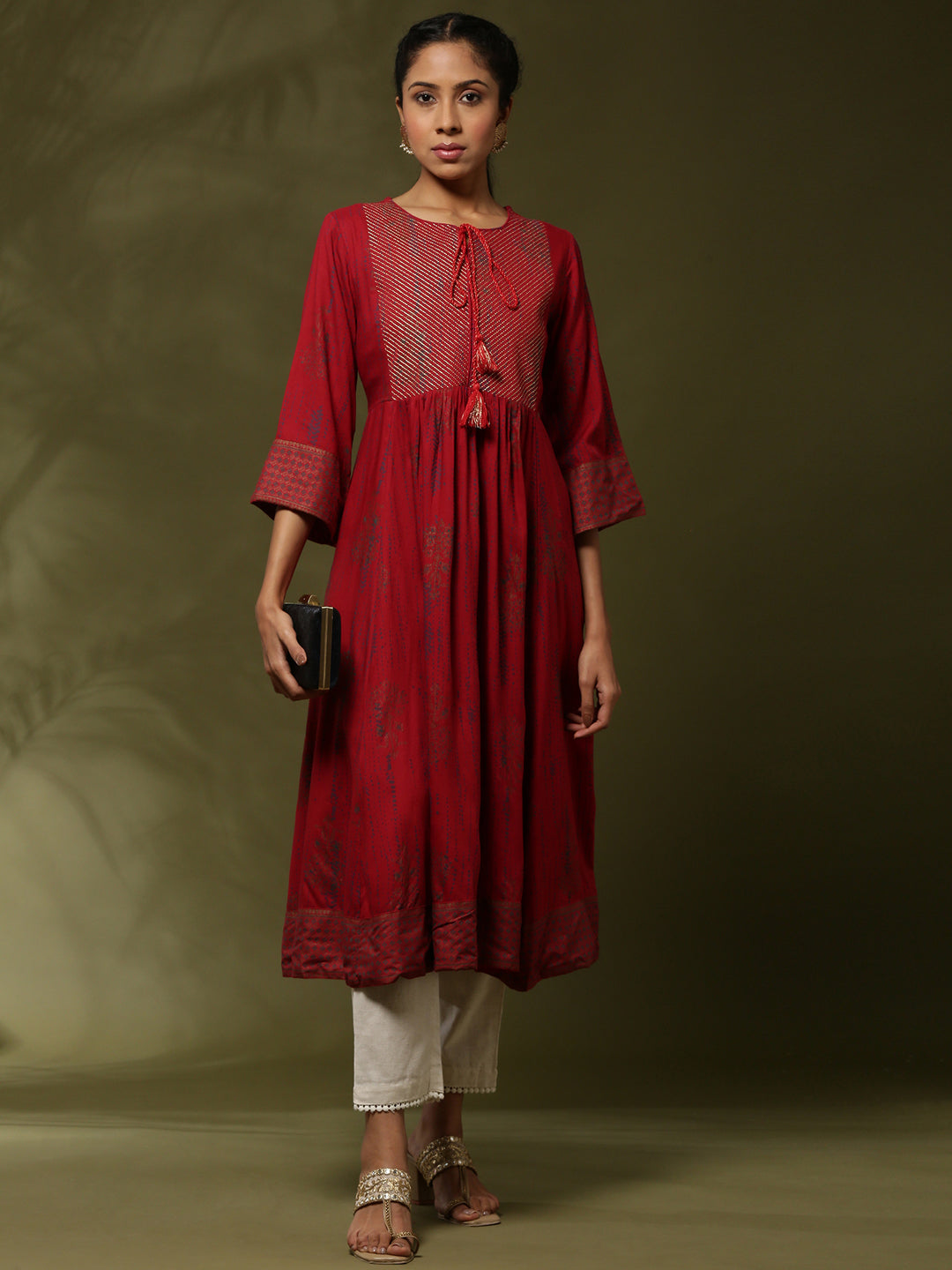 Printed flare dress with zari yoke embroidery-red