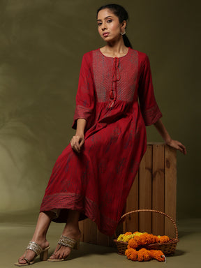 Printed flare dress with zari yoke embroidery-red