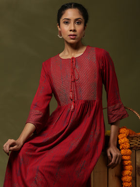 Printed flare dress with zari yoke embroidery-red