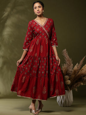 Printed angrakha flare dress with sequin neck embroidery- red