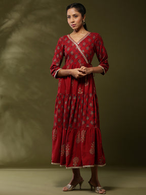 Printed angrakha flare dress with sequin neck embroidery- red