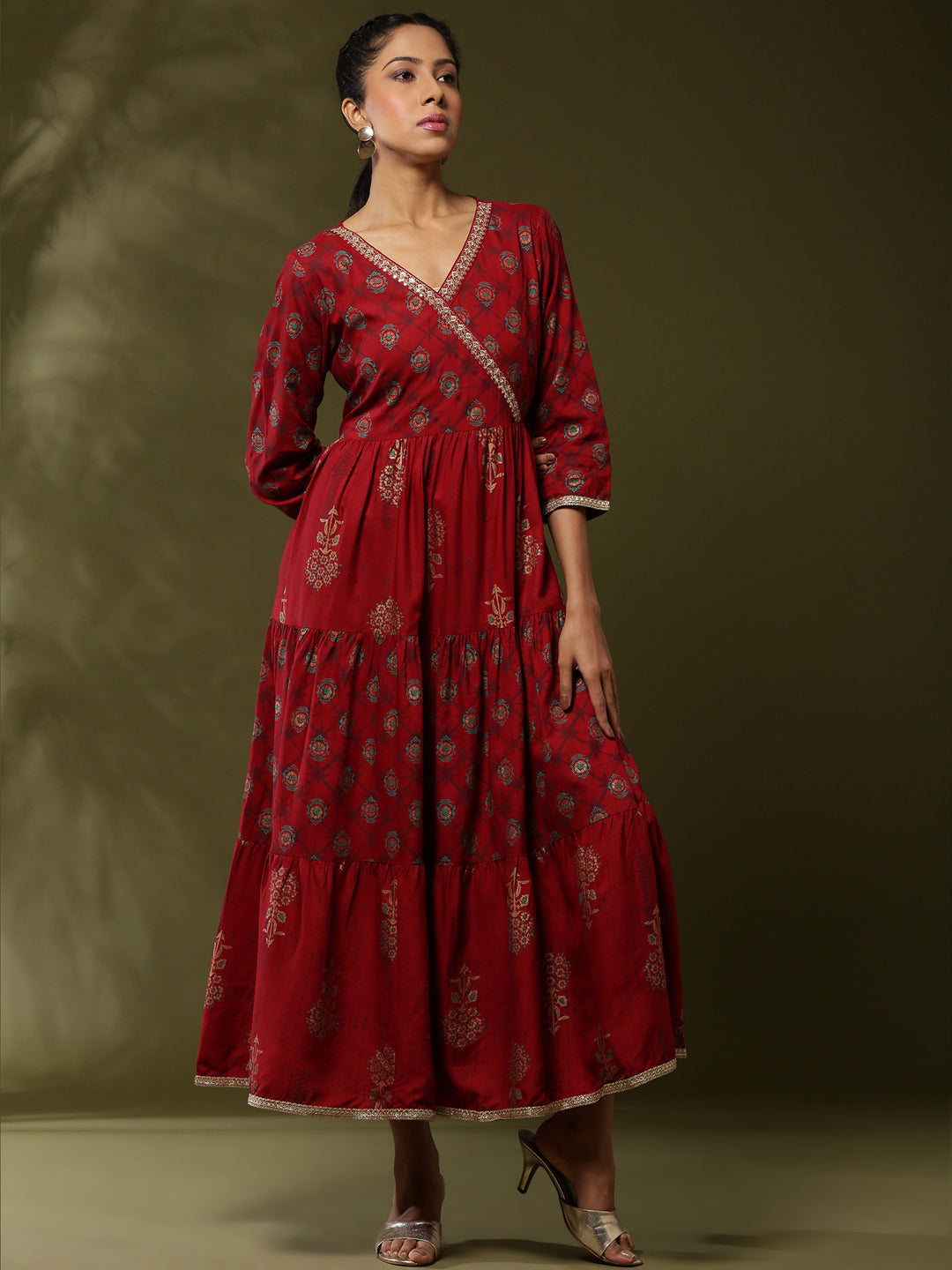 Printed angrakha flare dress with sequin neck embroidery- red