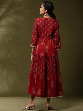 Printed angrakha flare dress with sequin neck embroidery- red