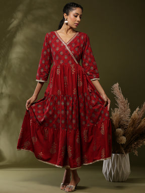 Printed angrakha flare dress with sequin neck embroidery- red