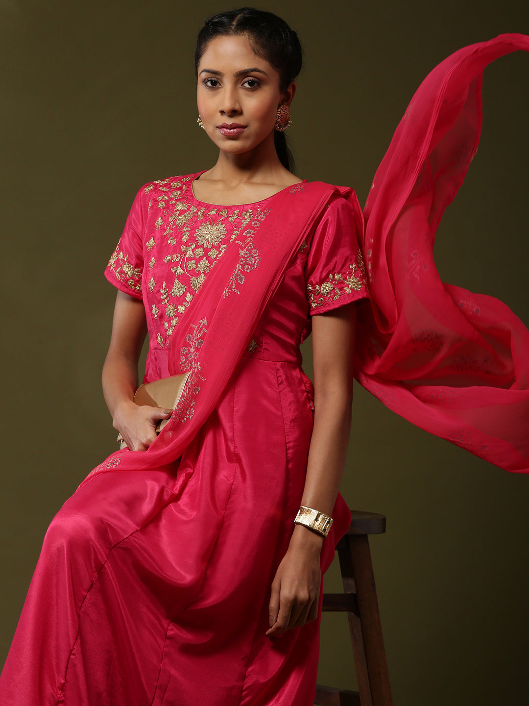 Attached dupatta dress with floral zari embroidery-Fuchsia