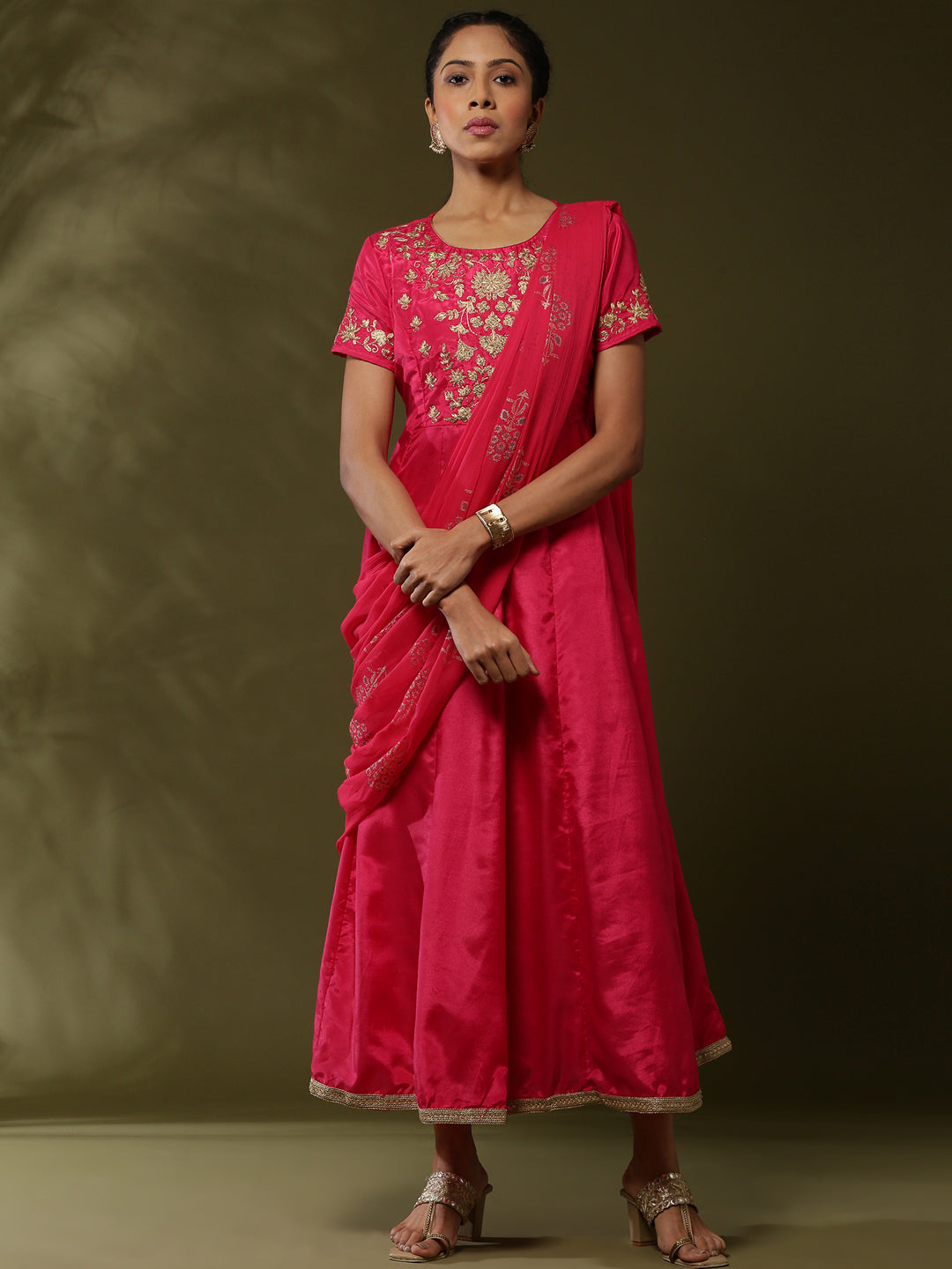 Attached dupatta dress with floral zari embroidery-Fuchsia