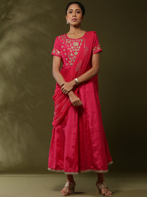 Attached dupatta dress with floral zari embroidery-Fuchsia