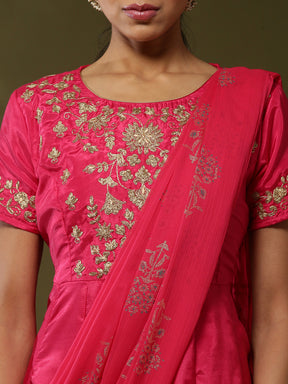 Attached dupatta dress with floral zari embroidery-Fuchsia