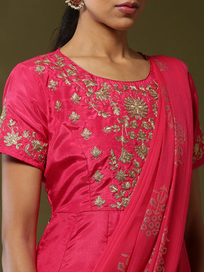 Attached dupatta dress with floral zari embroidery-Fuchsia