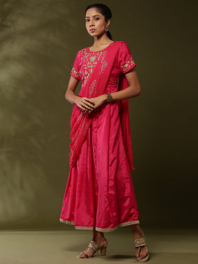 Attached dupatta dress with floral zari embroidery-Fuchsia