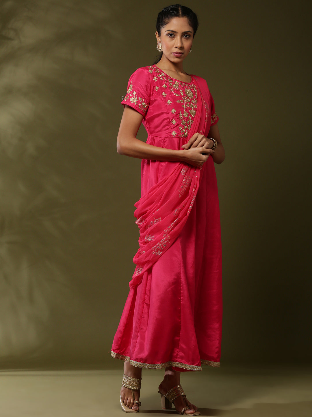 Attached dupatta dress with floral zari embroidery-Fuchsia