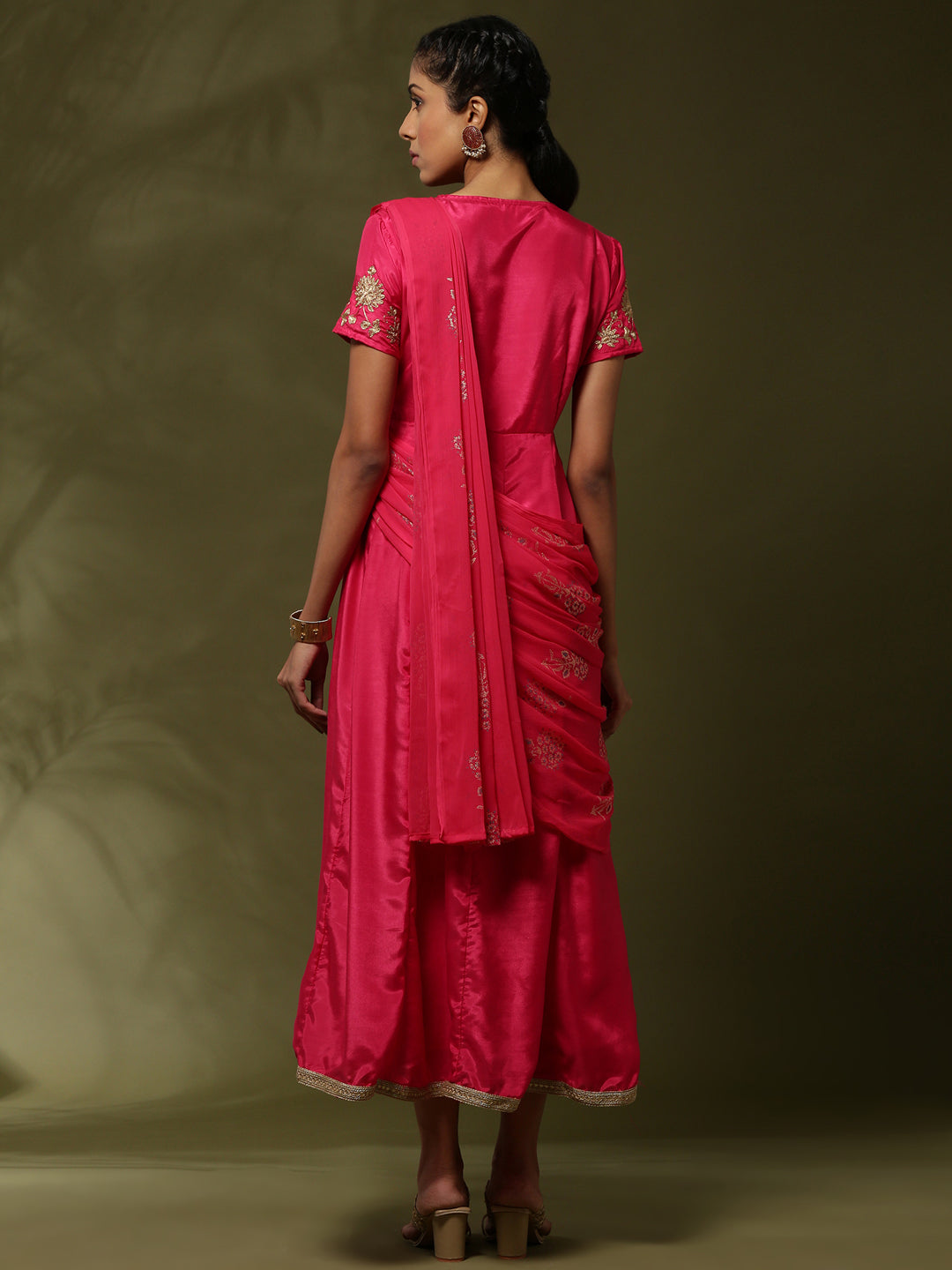 Attached dupatta dress with floral zari embroidery-Fuchsia