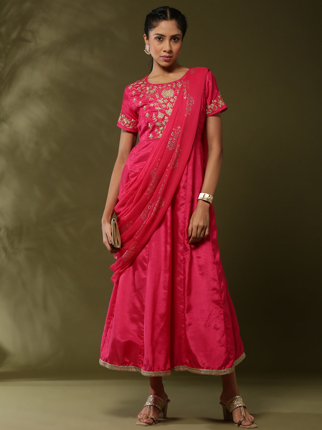 Attached dupatta dress with floral zari embroidery-Fuchsia