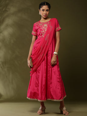 Attached dupatta dress with floral zari embroidery-Fuchsia