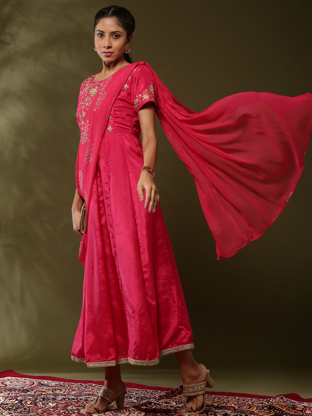 Attached dupatta dress with floral zari embroidery-Fuchsia